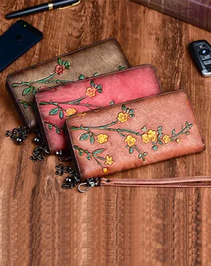 Handmade Womens Leather Plum Blossom Flowers Wristlet Wallet Zip Around Wallet Ladies Zipper Clutch Wallet for Women