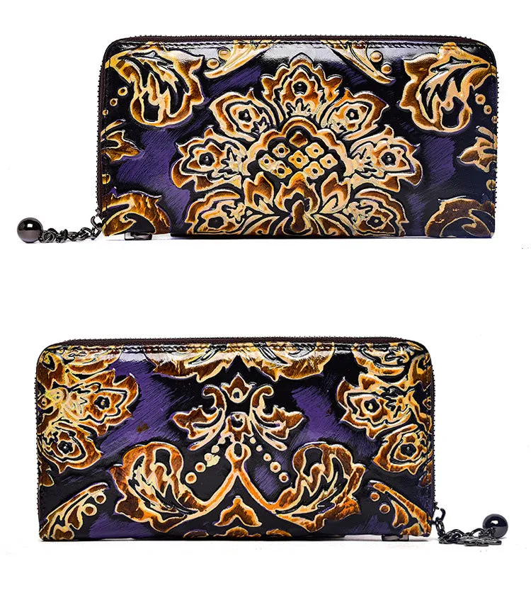 Handmade Womens Sunflower Red Leather Zip Around Wallet Wristlet Wallet Floral Ladies Zipper Clutch Wallet for Women