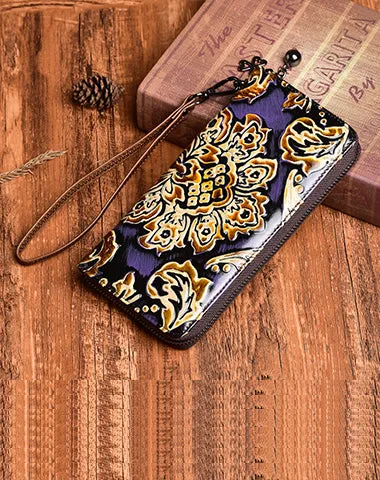 Handmade Womens Sunflower Red Leather Zip Around Wallet Wristlet Wallet Floral Ladies Zipper Clutch Wallet for Women