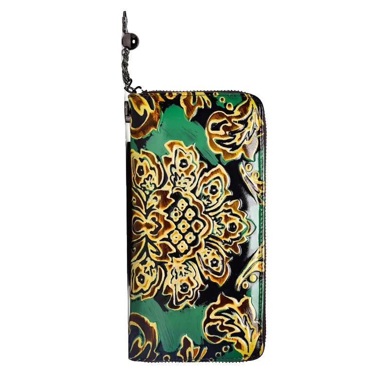 Handmade Womens Sunflower Red Leather Zip Around Wallet Wristlet Wallet Floral Ladies Zipper Clutch Wallet for Women