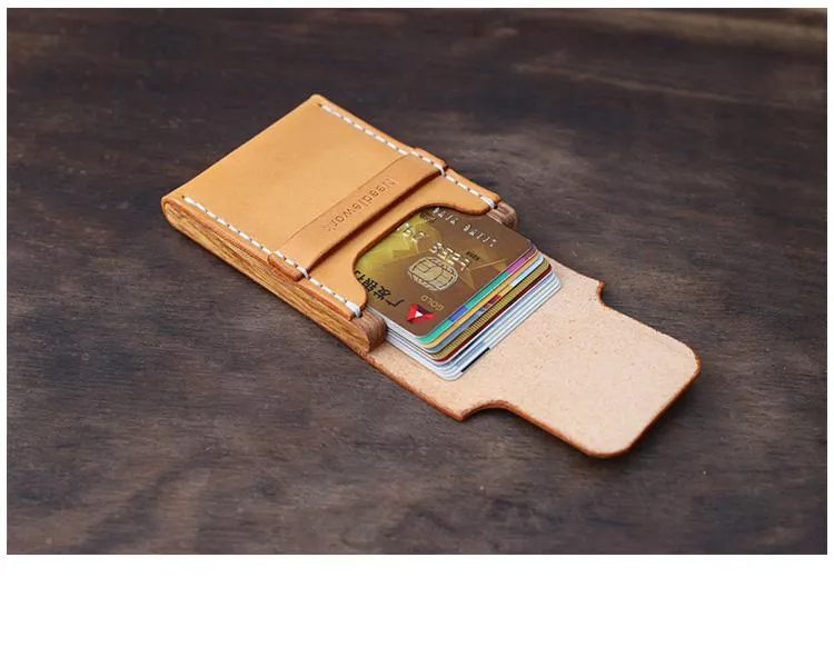Handmade Wooden Brown Leather Mens Wallet Small Card Holder Coin Wallet for Men