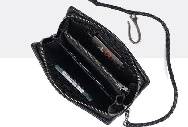Leather biker trucker wallet leather chain men Black zip chain long wallet