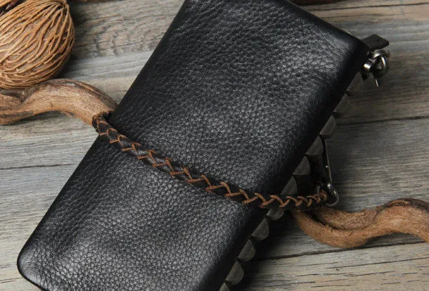 Leather biker trucker wallet leather chain men Black zip chain long wallet
