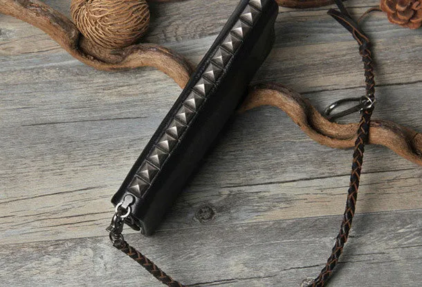 Leather biker trucker wallet leather chain men Black zip chain long wallet
