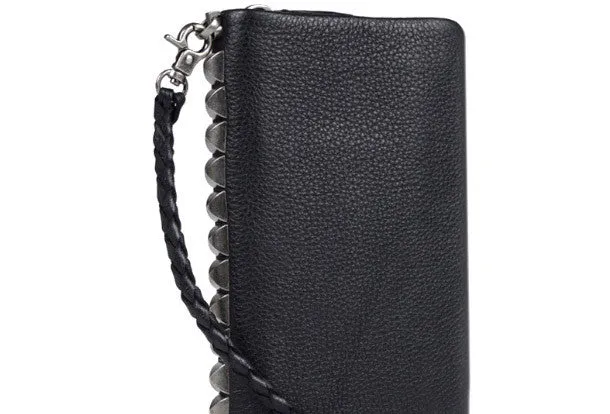 Leather biker trucker wallet leather chain men Black zip chain long wallet