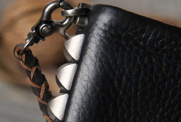Leather biker trucker wallet leather chain men Black zip chain long wallet