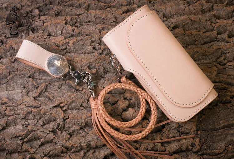 Leather Chain Wallets Handmade Biker Wallet beige Leather Biker Wallet with Chain Bifold Long Wallet for Men