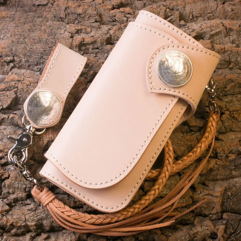 Leather Chain Wallets Handmade Biker Wallet beige Leather Biker Wallet with Chain Bifold Long Wallet for Men