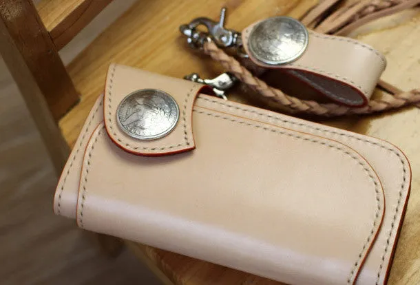 Leather Chain Wallets Handmade Biker Wallet beige Leather Biker Wallet with Chain Bifold Long Wallet for Men