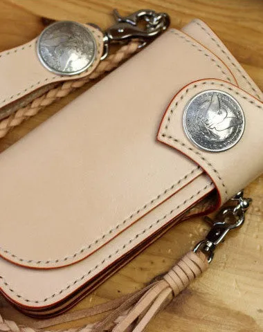 Leather Chain Wallets Handmade Biker Wallet beige Leather Biker Wallet with Chain Bifold Long Wallet for Men