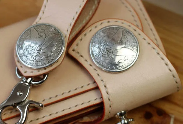Leather Chain Wallets Handmade Biker Wallet beige Leather Biker Wallet with Chain Bifold Long Wallet for Men