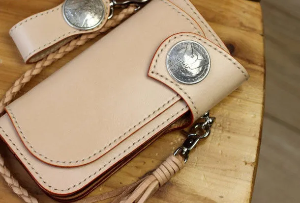 Leather Chain Wallets Handmade Biker Wallet beige Leather Biker Wallet with Chain Bifold Long Wallet for Men