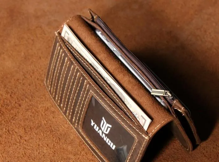 Leather Long Wallets for men Bifold Vintage Mens Long Wallet