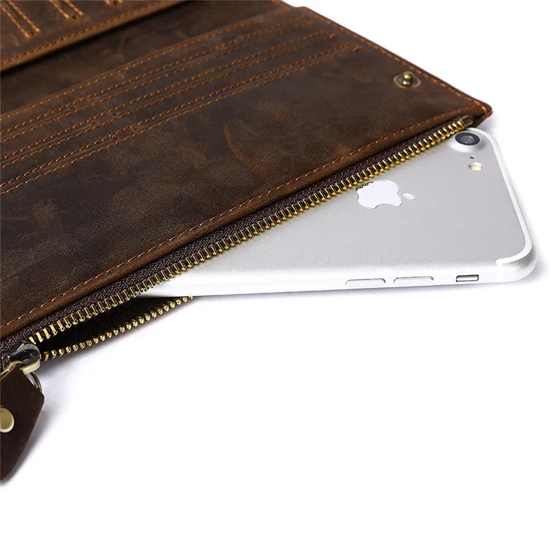 Leather Long wallets for Men Wallet Vintage Zipper Credit Cards Wallet for Men Bifold