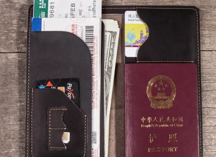 Leather Men Travel Wallet Passport Wallets Bifold Long Wallets for Men