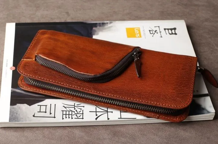 Leather Mens Cool Long Wallet Zipper Clutch Wristlet Long Wallet for Men