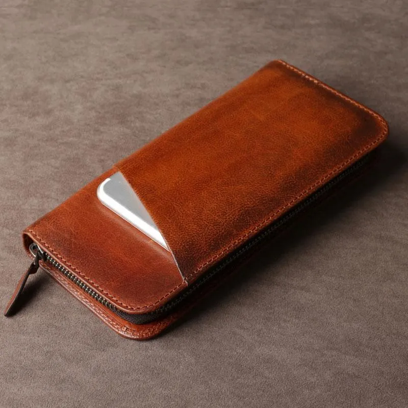 Leather Mens Cool Long Wallet Zipper Clutch Wristlet Long Wallet for Men