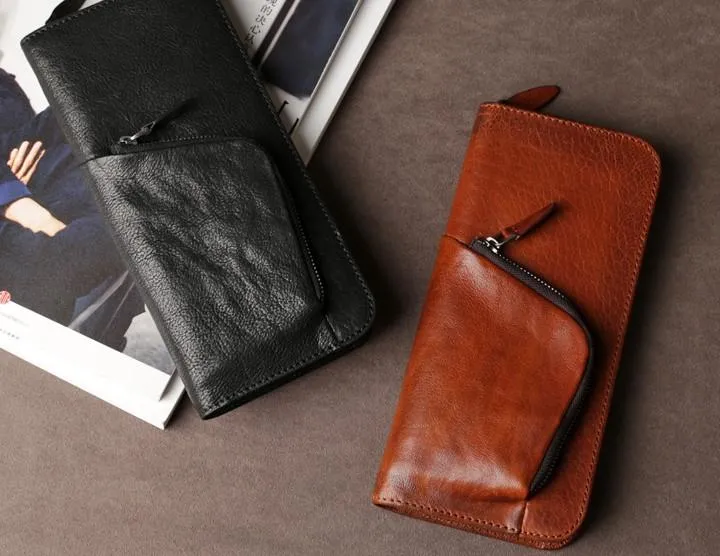 Leather Mens Cool Long Wallet Zipper Clutch Wristlet Long Wallet for Men