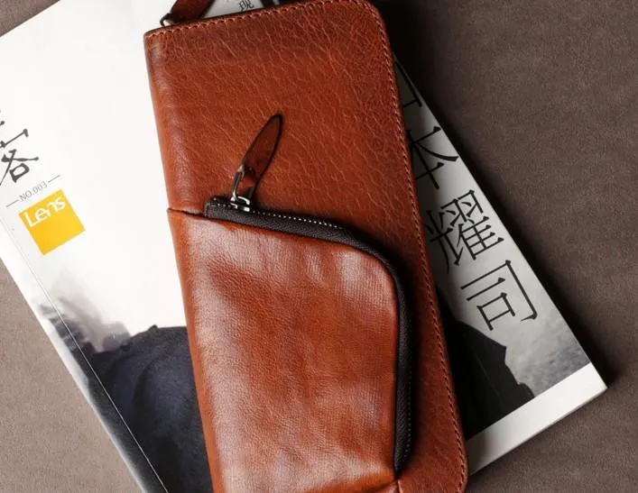 Leather Mens Cool Long Wallet Zipper Clutch Wristlet Long Wallet for Men