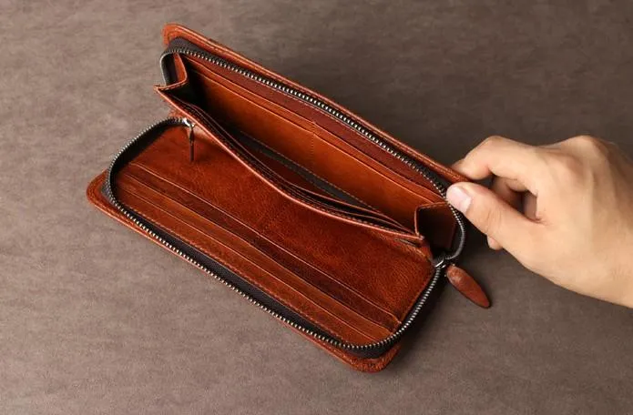 Leather Mens Cool Long Wallet Zipper Clutch Wristlet Long Wallet for Men