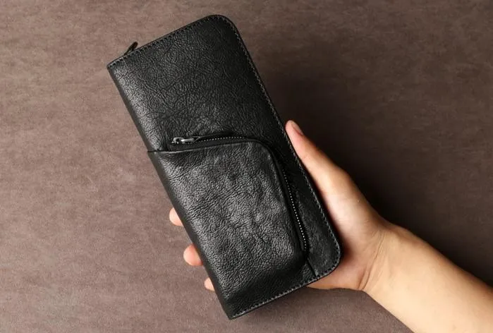 Leather Mens Cool Long Wallet Zipper Clutch Wristlet Long Wallet for Men