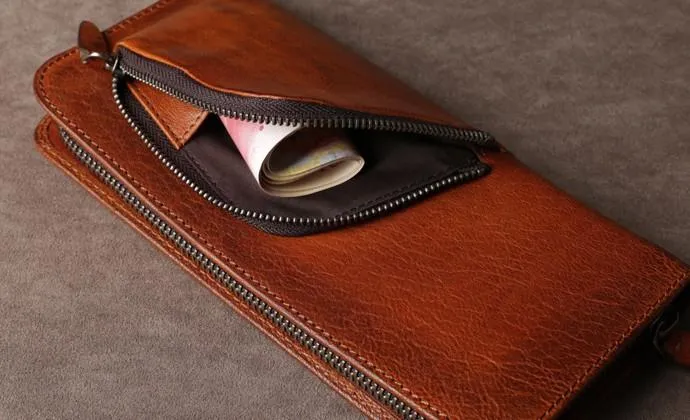 Leather Mens Cool Long Wallet Zipper Clutch Wristlet Long Wallet for Men
