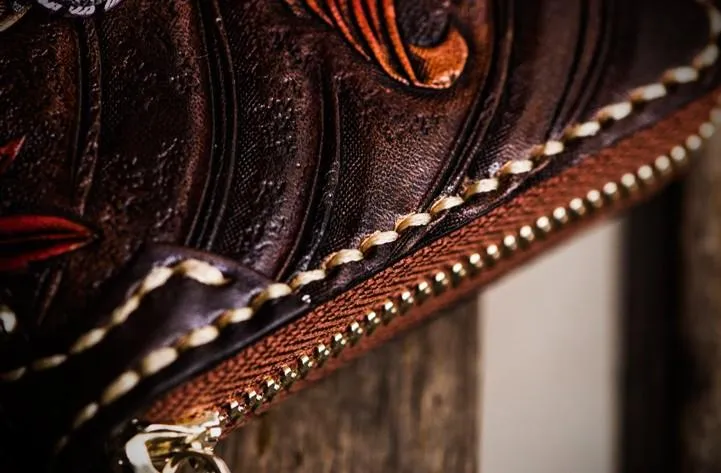 Leather Tooled Carp Mens Chain Wallets Biker Wallets Cool Leather Wallet Long Wallets for Men
