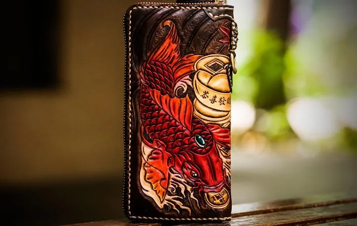 Leather Tooled Carp Mens Chain Wallets Biker Wallets Cool Leather Wallet Long Wallets for Men