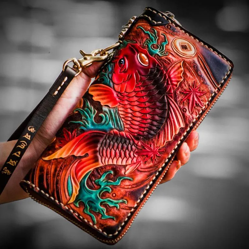 Leather Tooled Carp Mens Chain Wallets Biker Wallets Cool Leather Wallet Long Wallets for Men