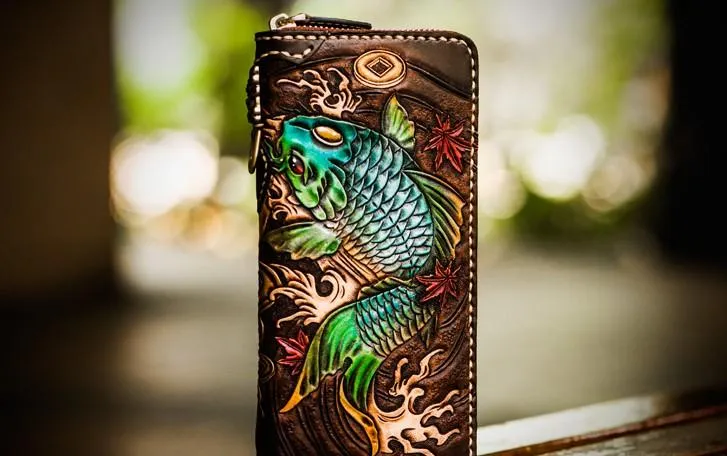 Leather Tooled Carp Mens Chain Wallets Biker Wallets Cool Leather Wallet Long Wallets for Men