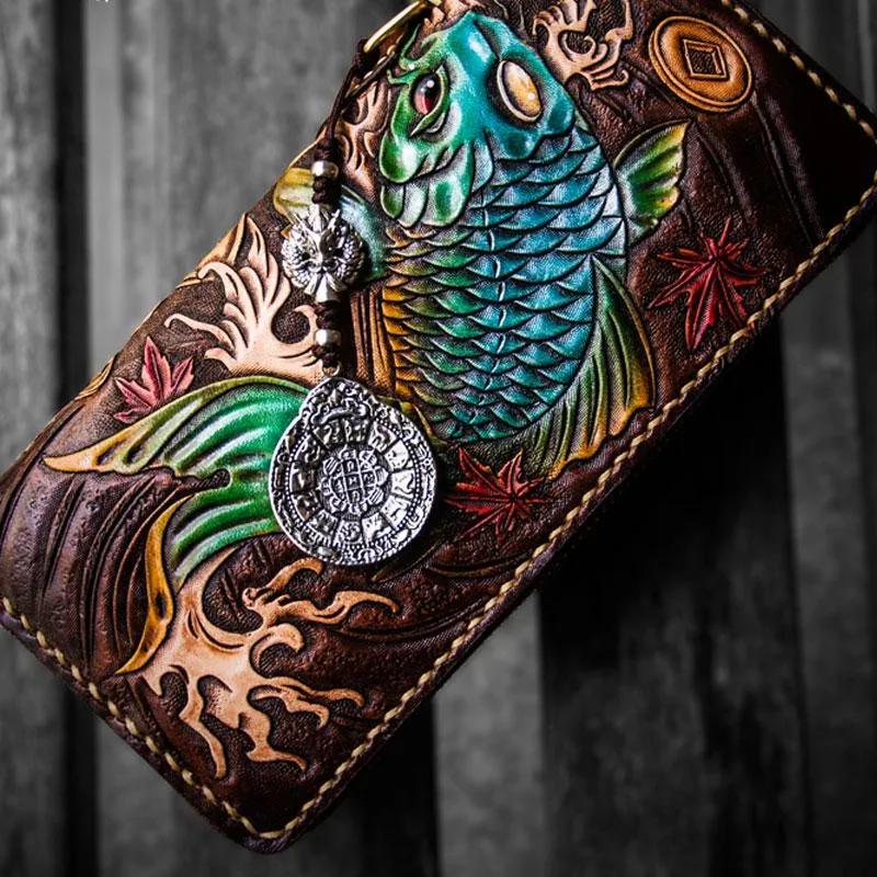 Leather Tooled Carp Mens Chain Wallets Biker Wallets Cool Leather Wallet Long Wallets for Men