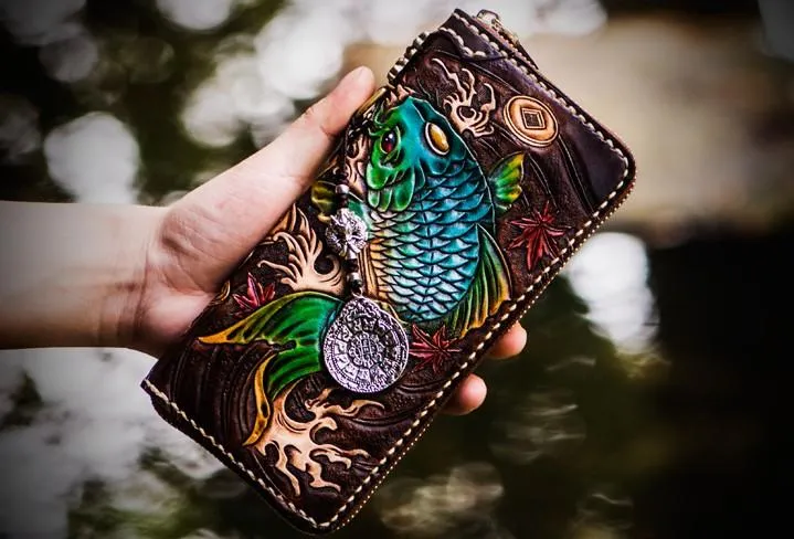 Leather Tooled Carp Mens Chain Wallets Biker Wallets Cool Leather Wallet Long Wallets for Men