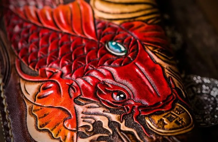 Leather Tooled Carp Mens Chain Wallets Biker Wallets Cool Leather Wallet Long Wallets for Men