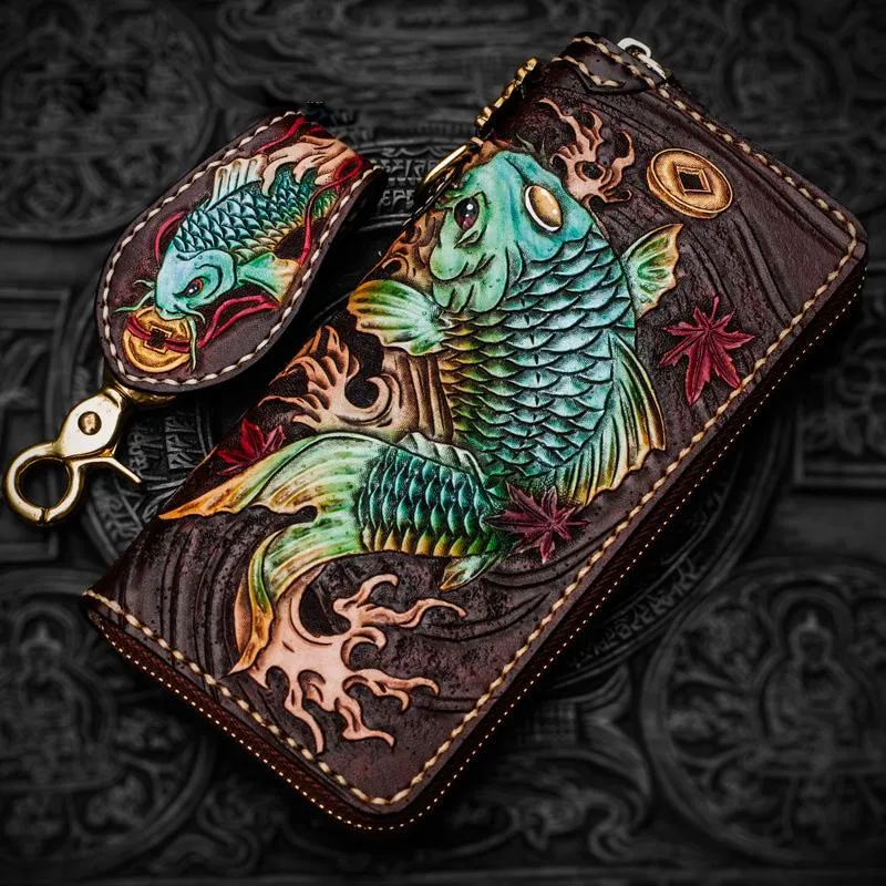 Leather Tooled Carp Mens Chain Wallets Biker Wallets Cool Leather Wallet Long Wallets for Men