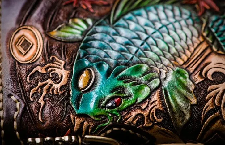 Leather Tooled Carp Mens Chain Wallets Biker Wallets Cool Leather Wallet Long Wallets for Men