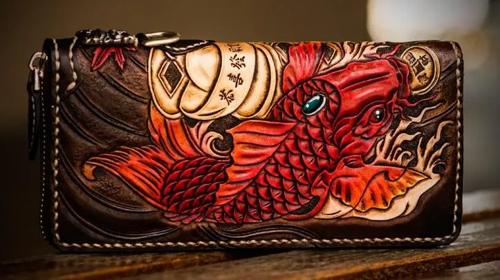 Leather Tooled Carp Mens Chain Wallets Biker Wallets Cool Leather Wallet Long Wallets for Men