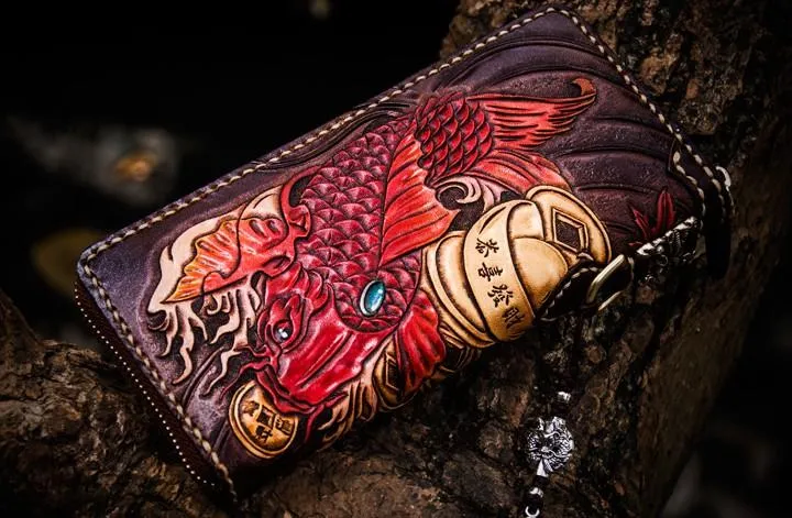 Leather Tooled Carp Mens Chain Wallets Biker Wallets Cool Leather Wallet Long Wallets for Men