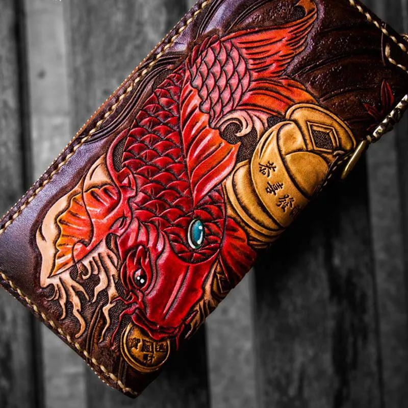 Leather Tooled Carp Mens Chain Wallets Biker Wallets Cool Leather Wallet Long Wallets for Men