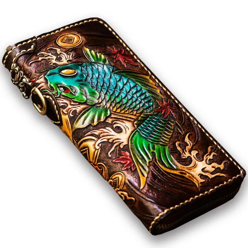 Leather Tooled Carp Mens Chain Wallets Biker Wallets Cool Leather Wallet Long Wallets for Men