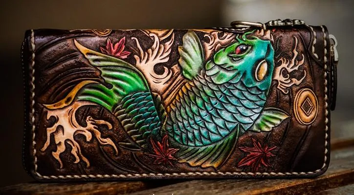 Leather Tooled Carp Mens Chain Wallets Biker Wallets Cool Leather Wallet Long Wallets for Men