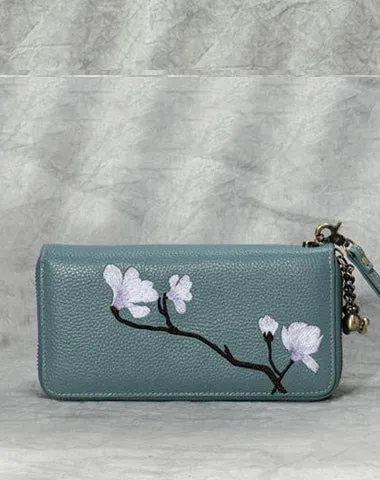 Magnolia Flower Embroidery Black Leather Magnolia Wristlet Wallet Womens Zip Around Wallets Flowers Magnolia Ladies Zipper Clutch Wallet for Women