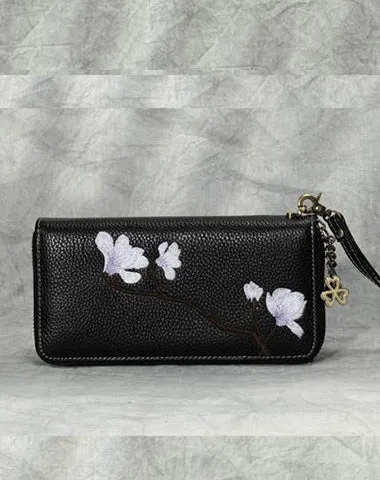 Magnolia Flower Embroidery Black Leather Magnolia Wristlet Wallet Womens Zip Around Wallets Flowers Magnolia Ladies Zipper Clutch Wallet for Women
