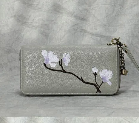 Magnolia Flower Embroidery Black Leather Magnolia Wristlet Wallet Womens Zip Around Wallets Flowers Magnolia Ladies Zipper Clutch Wallet for Women