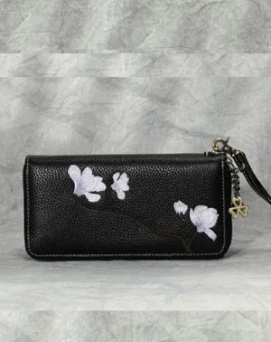 Magnolia Flower Embroidery Black Leather Magnolia Wristlet Wallet Womens Zip Around Wallets Flowers Magnolia Ladies Zipper Clutch Wallet for Women