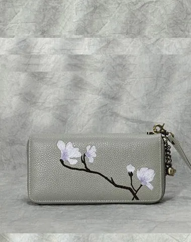 Magnolia Flower Embroidery Black Leather Magnolia Wristlet Wallet Womens Zip Around Wallets Flowers Magnolia Ladies Zipper Clutch Wallet for Women