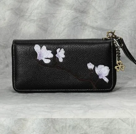 Magnolia Flower Embroidery Black Leather Magnolia Wristlet Wallet Womens Zip Around Wallets Flowers Magnolia Ladies Zipper Clutch Wallet for Women