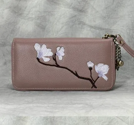 Magnolia Flower Embroidery Black Leather Magnolia Wristlet Wallet Womens Zip Around Wallets Flowers Magnolia Ladies Zipper Clutch Wallet for Women