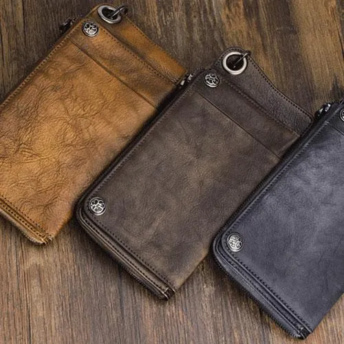 Mens Keyring Wallet Cool Biker Chain Wallet Keyring Wallet Gray Leather Wristlet Clutch Wallet