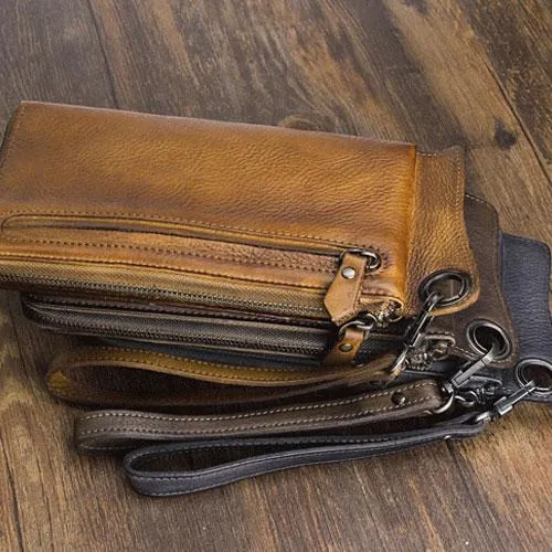 Mens Keyring Wallet Cool Biker Chain Wallet Keyring Wallet Gray Leather Wristlet Clutch Wallet
