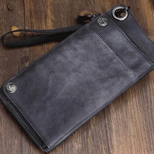 Mens Keyring Wallet Cool Biker Chain Wallet Keyring Wallet Gray Leather Wristlet Clutch Wallet